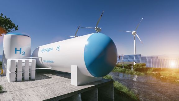 Erzeugung von Wasserstoff aus erneuerbaren Energien - Wasserstoffgas für sauberen Strom - Solar- und Windkraftanlage. 